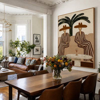Palm Shade Conversation Folk Wall Art styled interior scene 4 | Olyrel