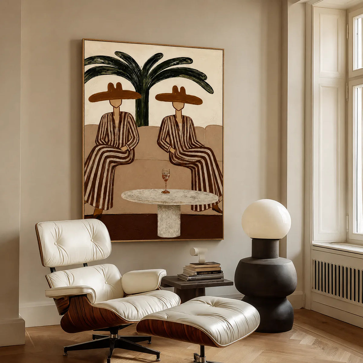 Palm Shade Conversation Folk Wall Art styled interior scene 5 | Olyrel