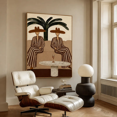 Palm Shade Conversation Folk Wall Art styled interior scene 5 | Olyrel