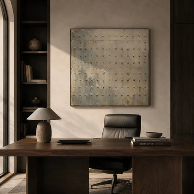Rivet Grid Textured Wall Art shown in a quiet home office | Olyrel