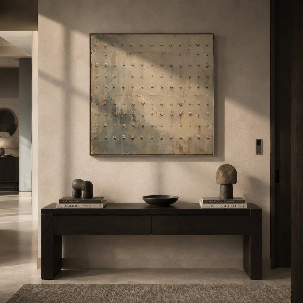 Rivet Grid Textured Wall Art shown in a calm bedroom setting | Olyrel