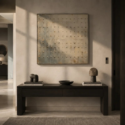 Rivet Grid Textured Wall Art shown in a calm bedroom setting | Olyrel