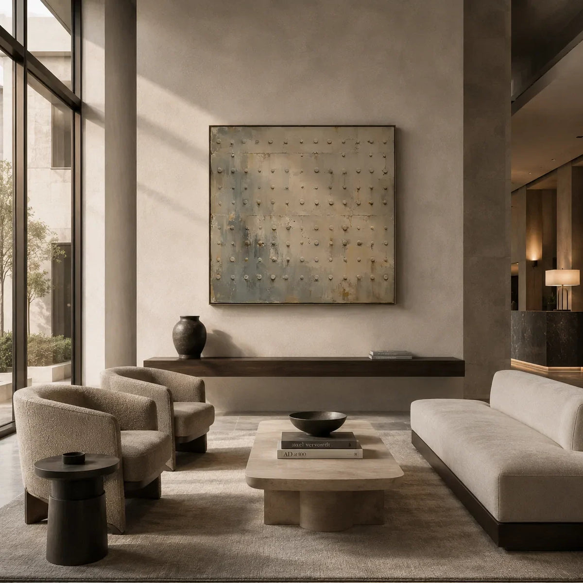Rivet Grid Textured Wall Art displayed in a bright dining room | Olyrel