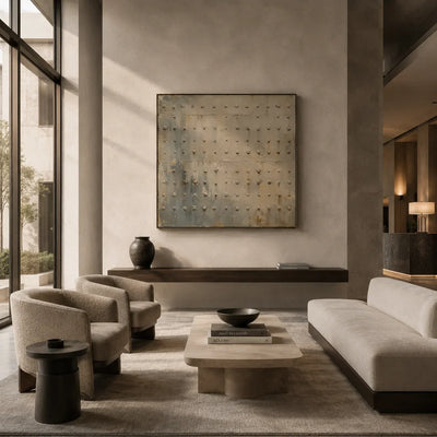 Rivet Grid Textured Wall Art displayed in a bright dining room | Olyrel