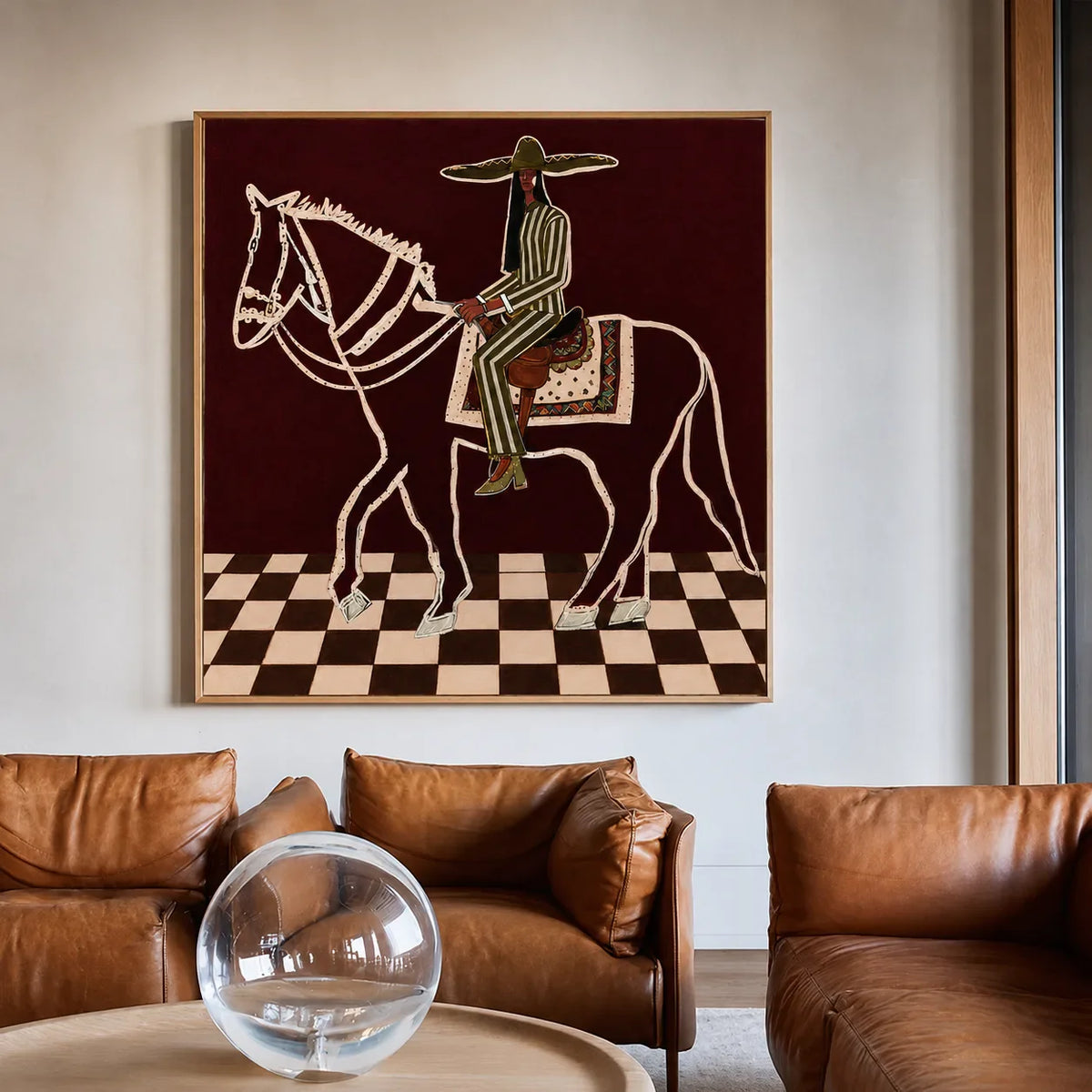 Checkered Trail Horse Rider Folk Wall Art styled interior scene 2 | Olyrel