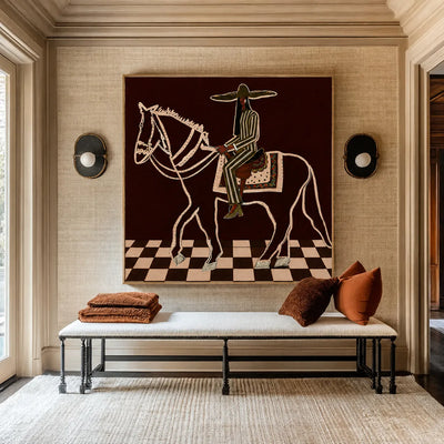 Checkered Trail Horse Rider Folk Wall Art styled interior scene 4 | Olyrel