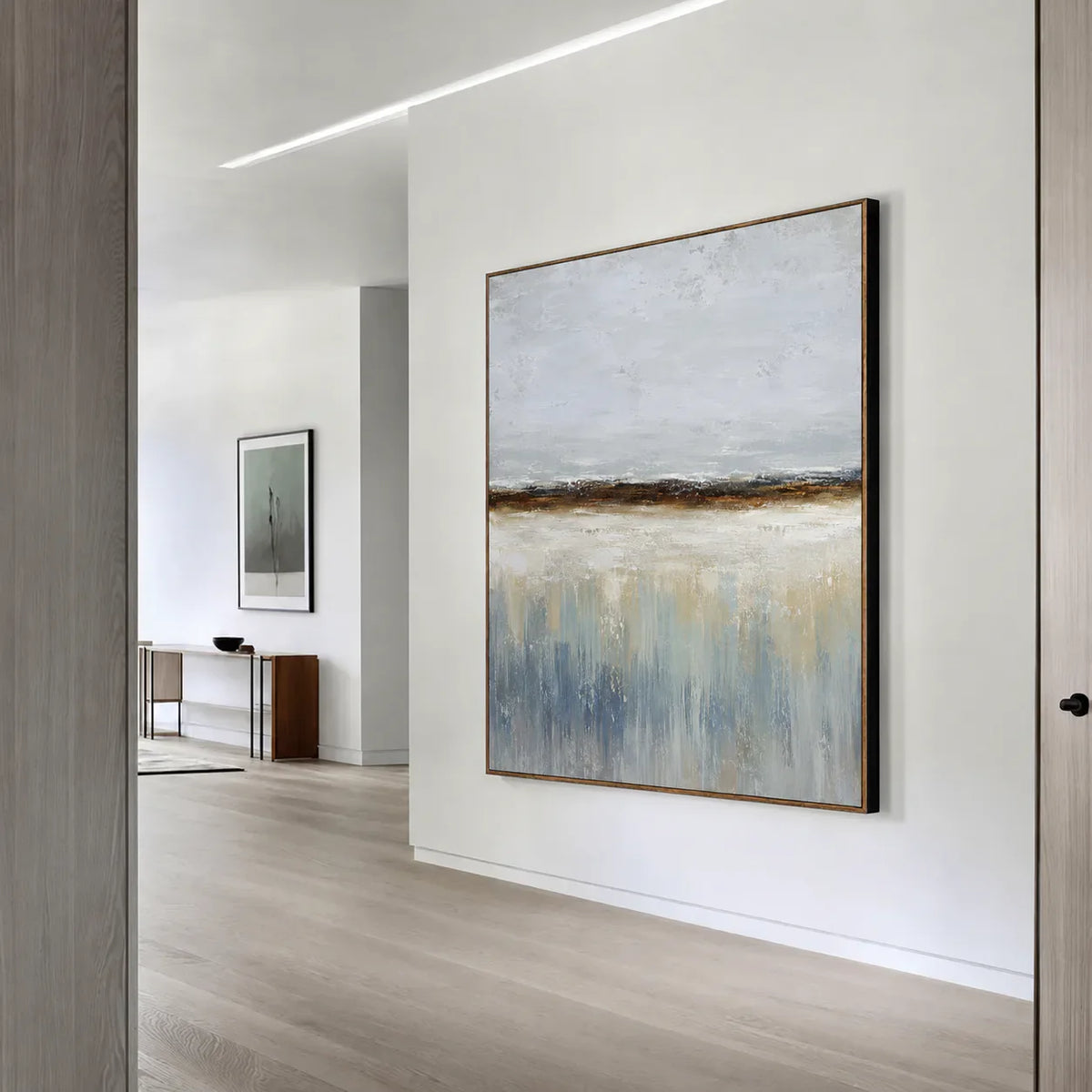Misty Shoreline Blue Abstract Wall Art styled interior scene 5 | Olyrel