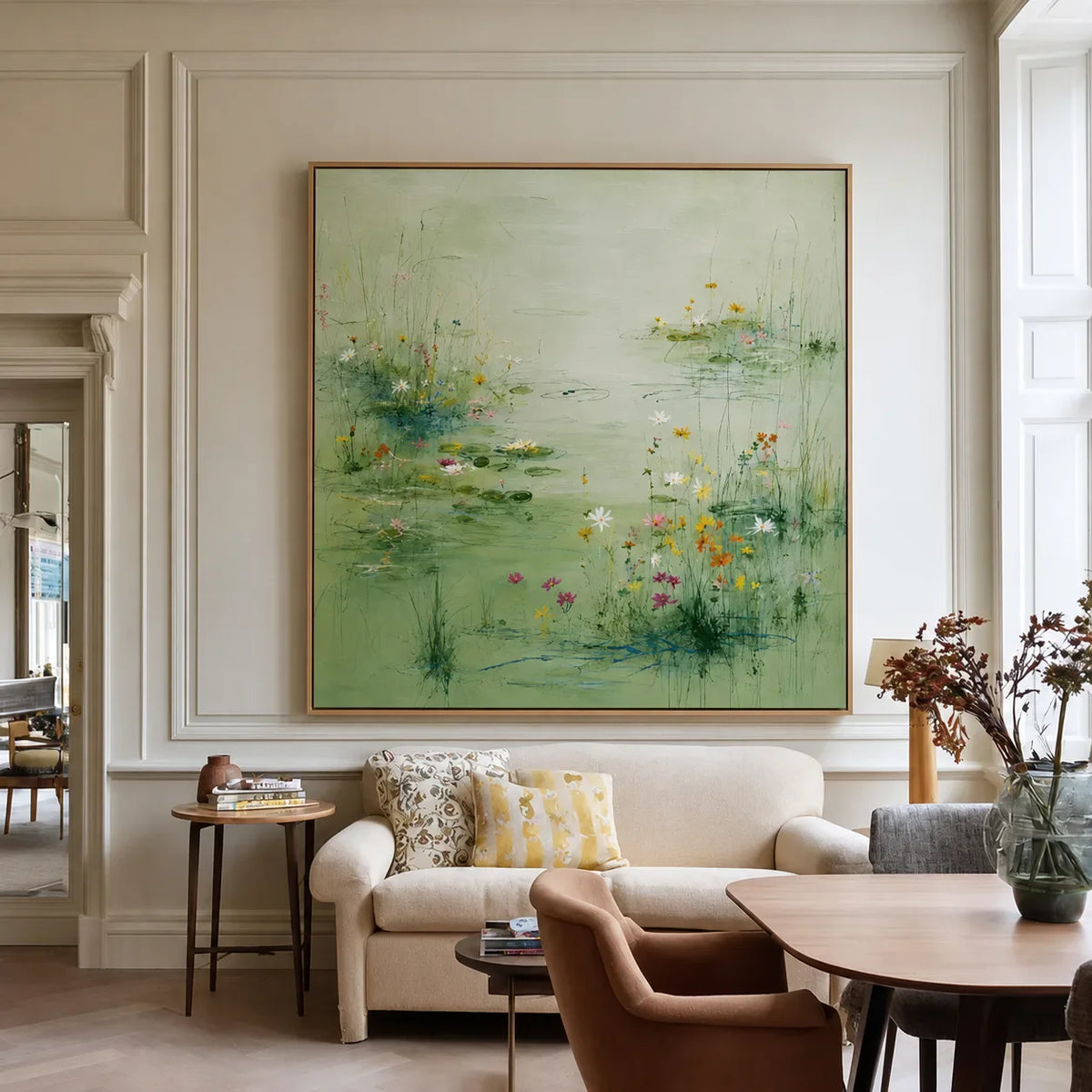 Spring Meadow Green Floral Wall Art styled interior scene 1 | Olyrel