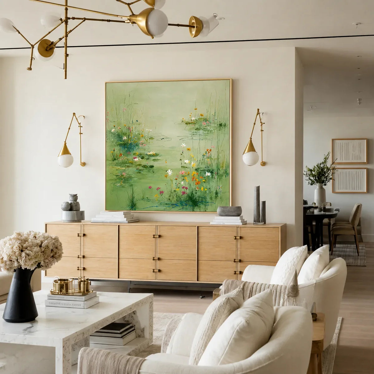 Spring Meadow Green Floral Wall Art styled interior scene 2 | Olyrel