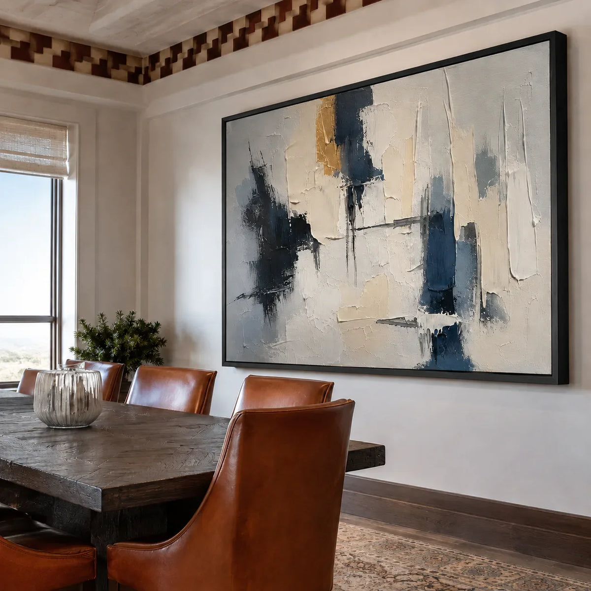 Navy Fragments Textured Abstract Wall Art styled interior scene 2 | Olyrel