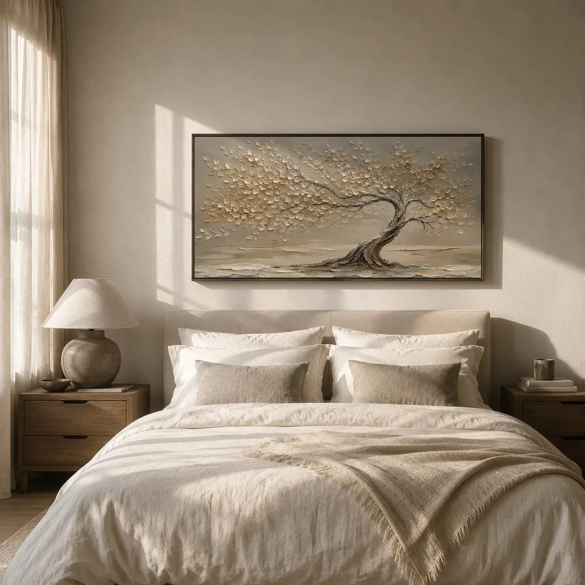 Windlit Tree Botanical Wall Art shown in a calm bedroom setting | Olyrel