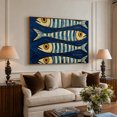 Blue School of Fish Wall Art artwork view | Olyrel