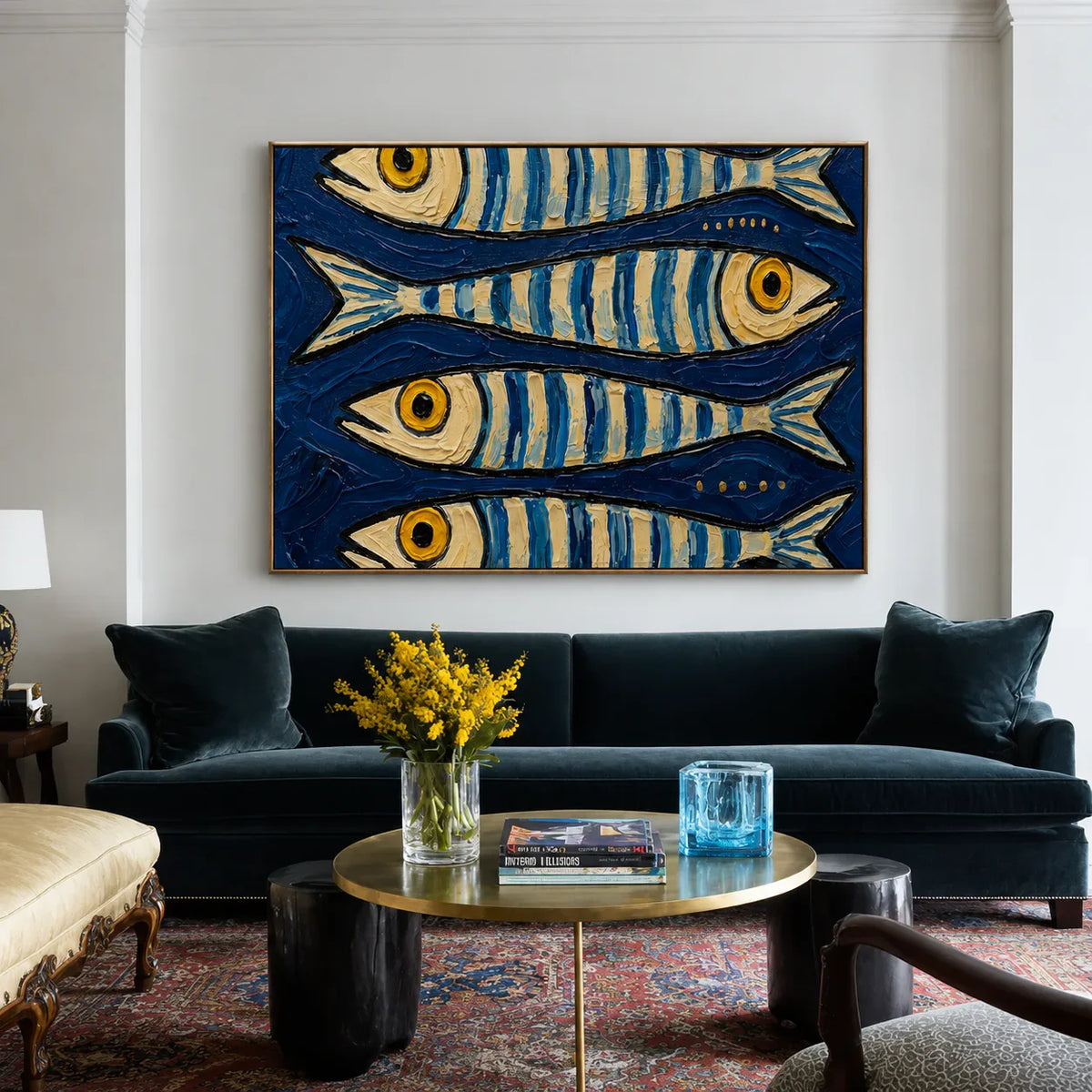 Blue School of Fish Wall Art styled interior scene 1 | Olyrel
