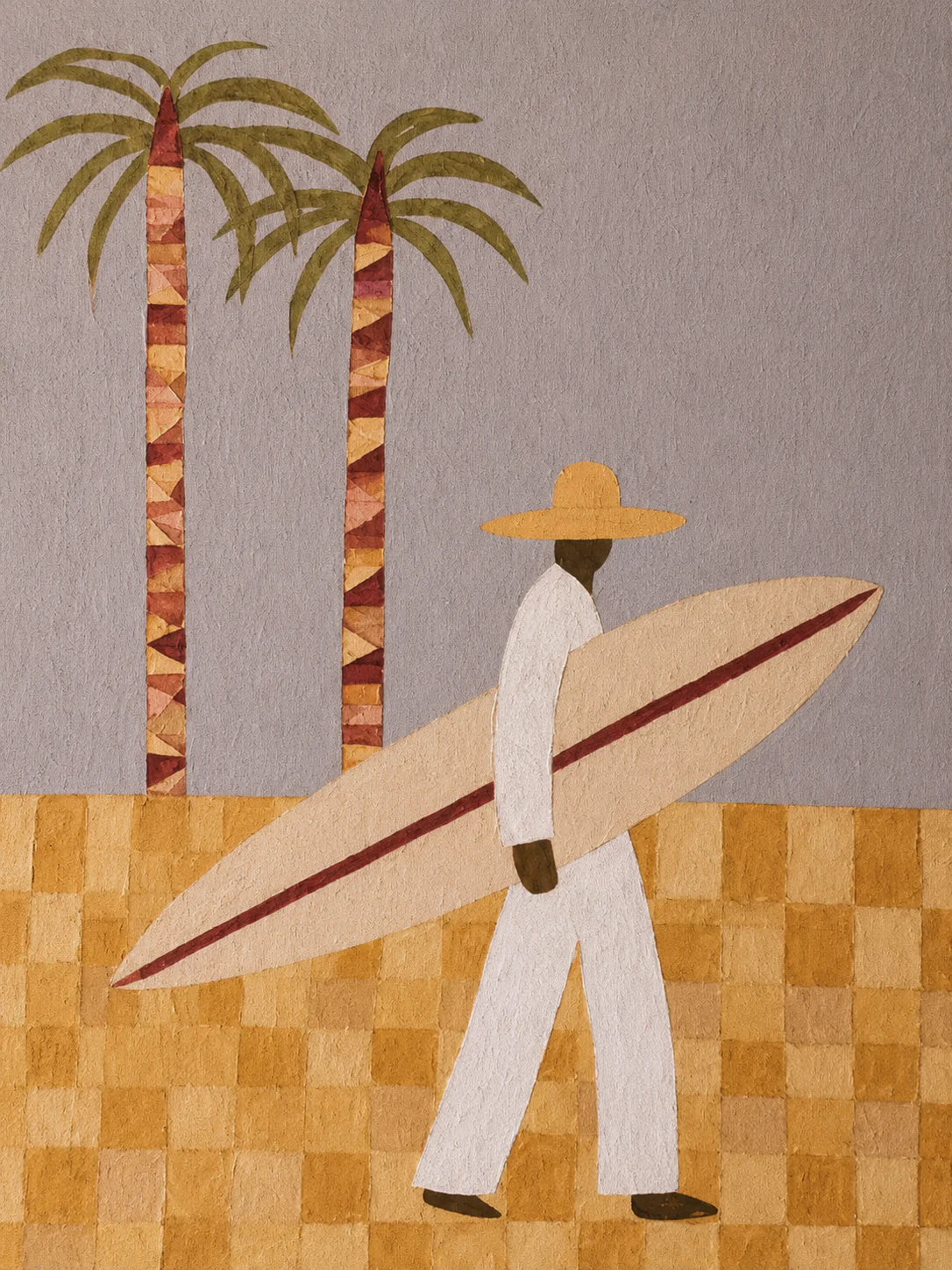 Palm Walk Surfer Wall Art artwork view | Olyrel
