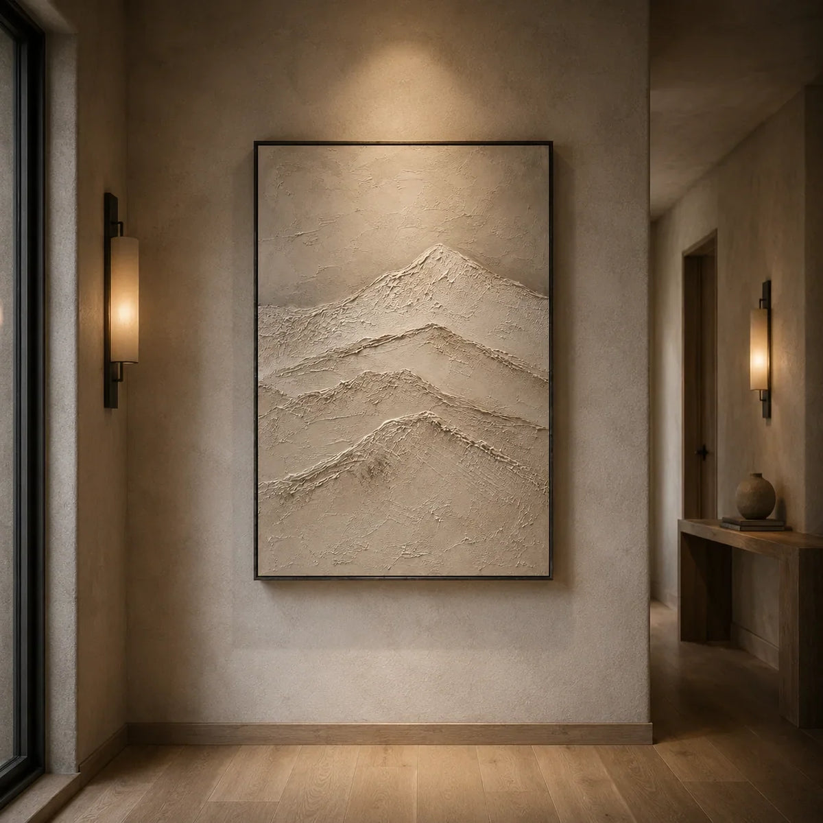Quiet Ridge Textured Wall Art styled in a contemporary entryway | Olyrel