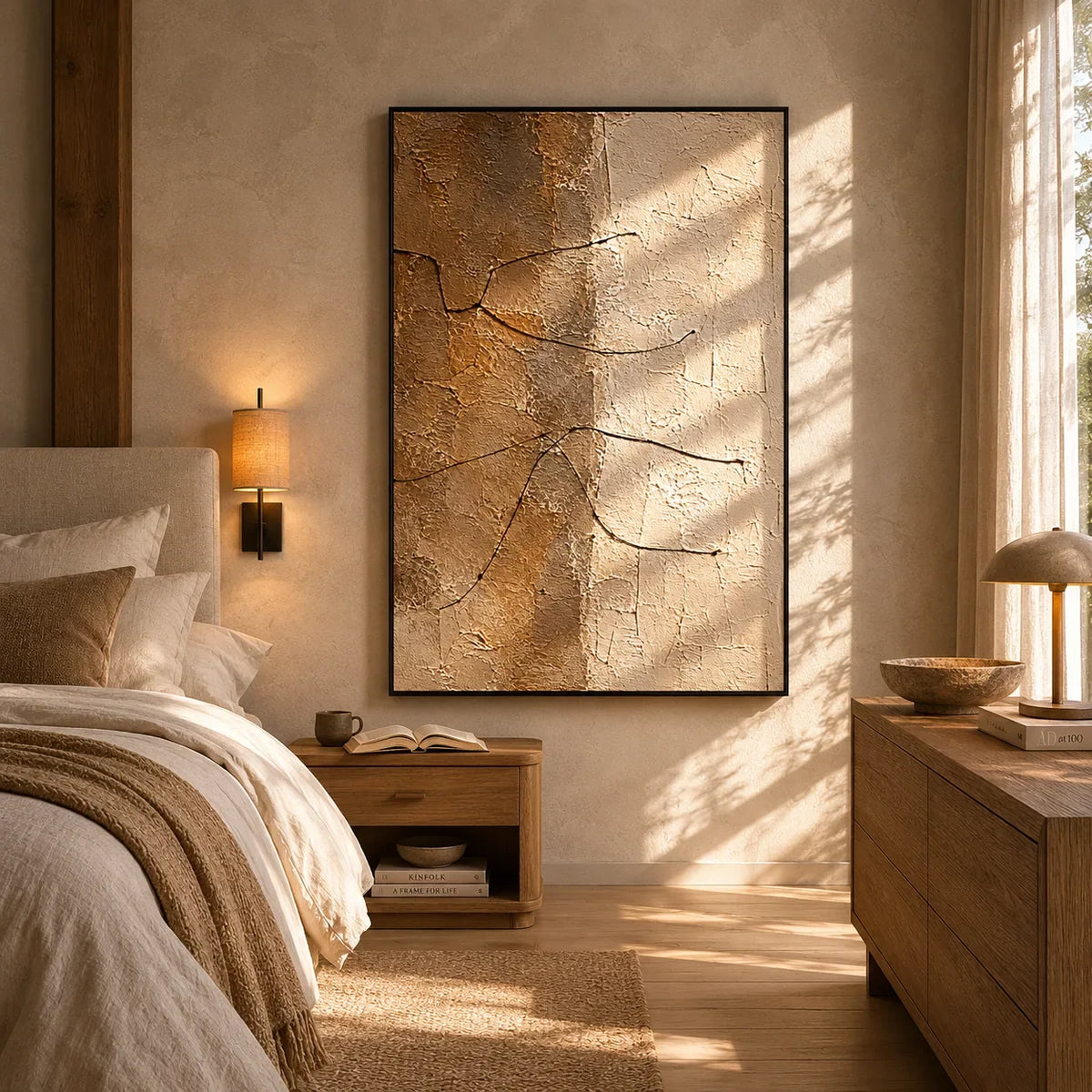 Earth Line Textured Wall Art shown in a calm bedroom setting | Olyrel