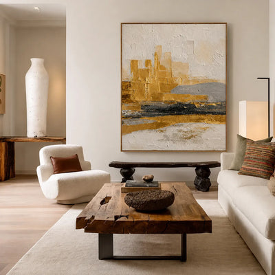 Ochre Skyline Textured Abstract Wall Art styled interior scene 1 | Olyrel
