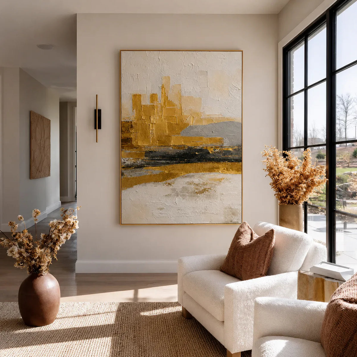 Ochre Skyline Textured Abstract Wall Art styled interior scene 3 | Olyrel