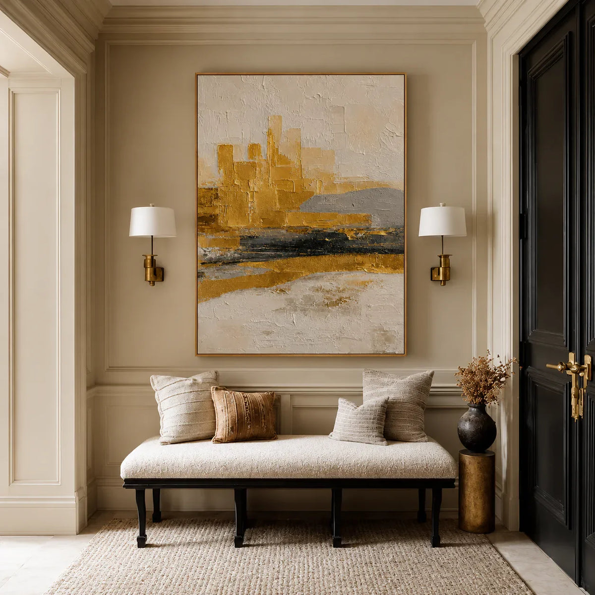 Ochre Skyline Textured Abstract Wall Art styled interior scene 4 | Olyrel