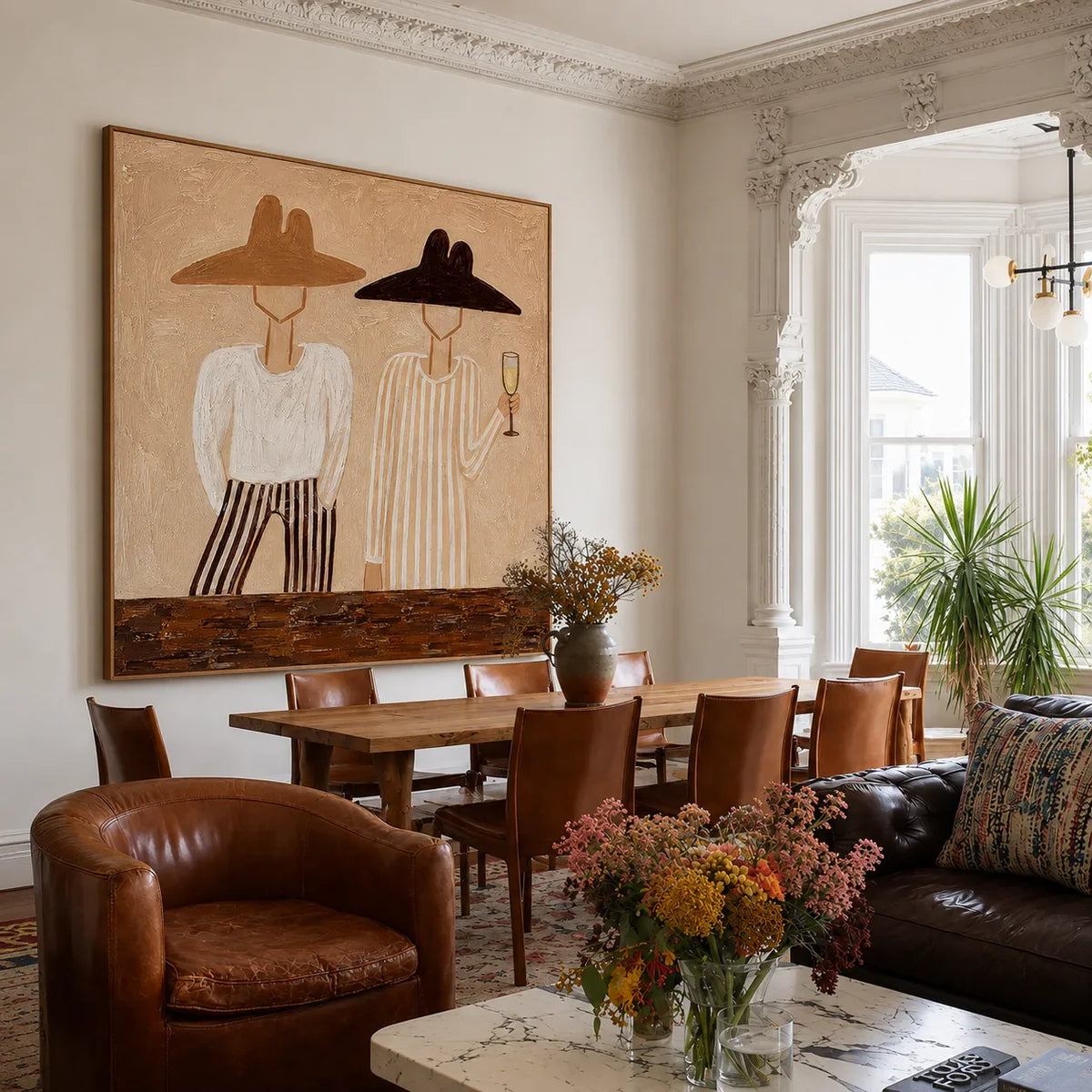 Two Figures in Wide-Brim Hats Wall Art styled interior scene 1 | Olyrel