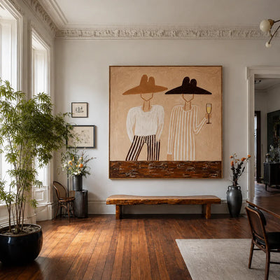 Two Figures in Wide-Brim Hats Wall Art styled interior scene 2 | Olyrel