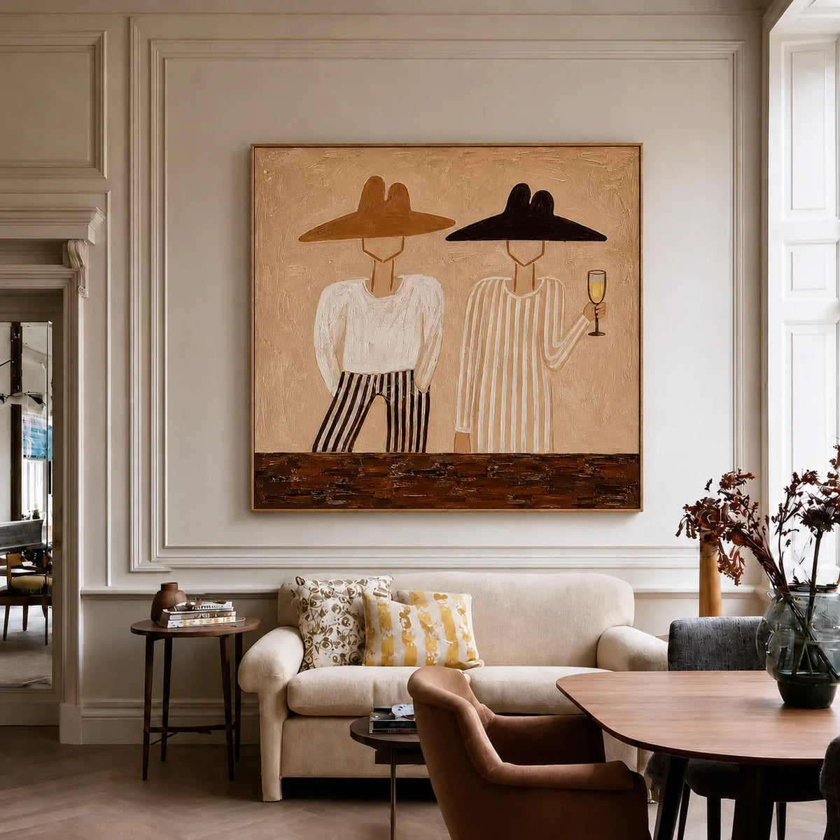 Two Figures in Wide-Brim Hats Wall Art styled interior scene 5 | Olyrel