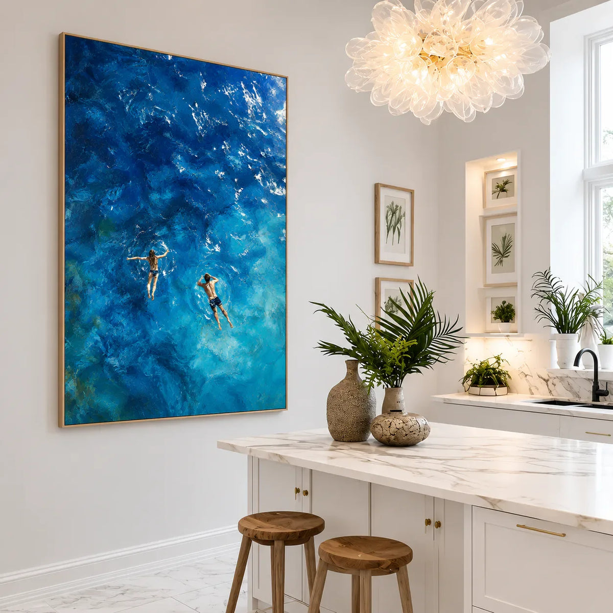Two Swimmers in Deep Blue Water Wall Art styled interior scene 1 | Olyrel