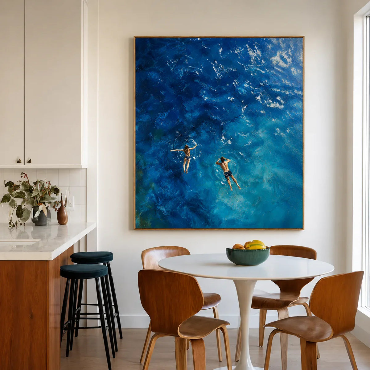 Two Swimmers in Deep Blue Water Wall Art styled interior scene 2 | Olyrel