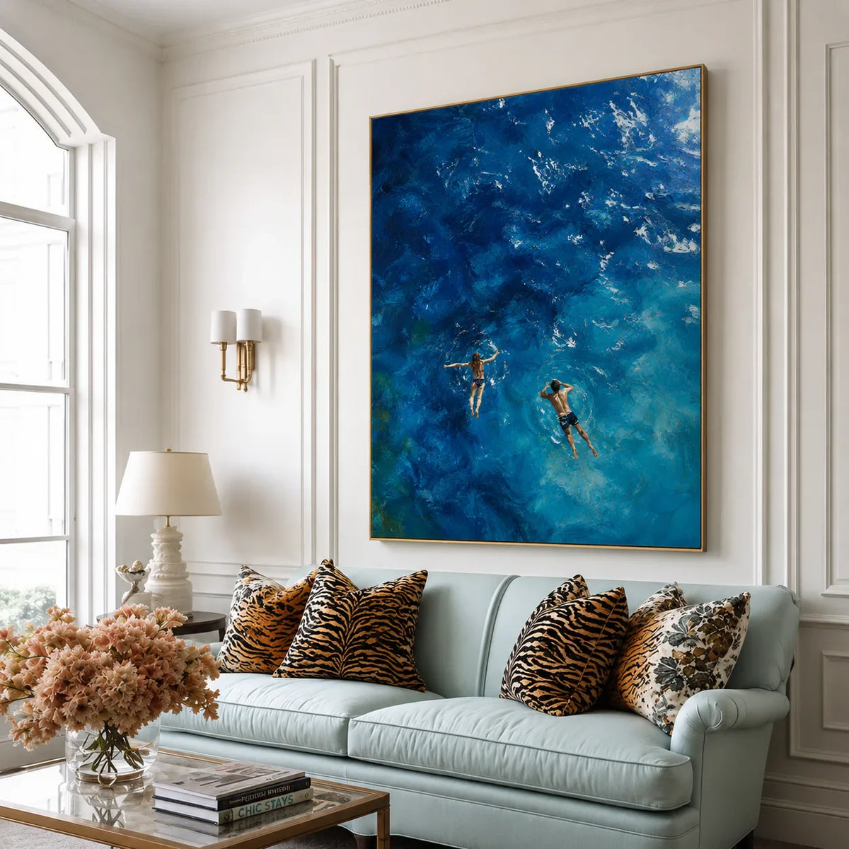 Two Swimmers in Deep Blue Water Wall Art styled interior scene 3 | Olyrel