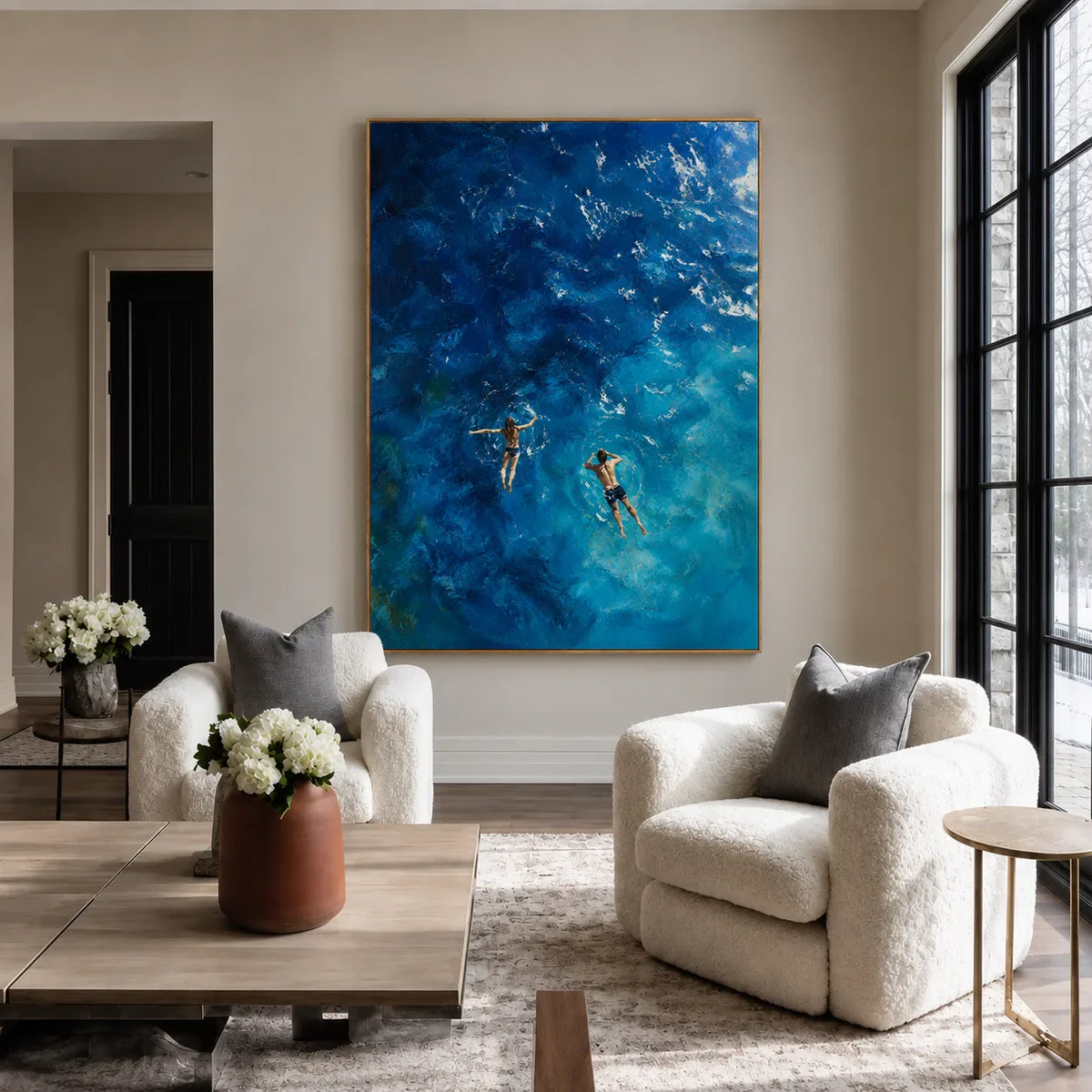 Two Swimmers in Deep Blue Water Wall Art styled interior scene 4 | Olyrel