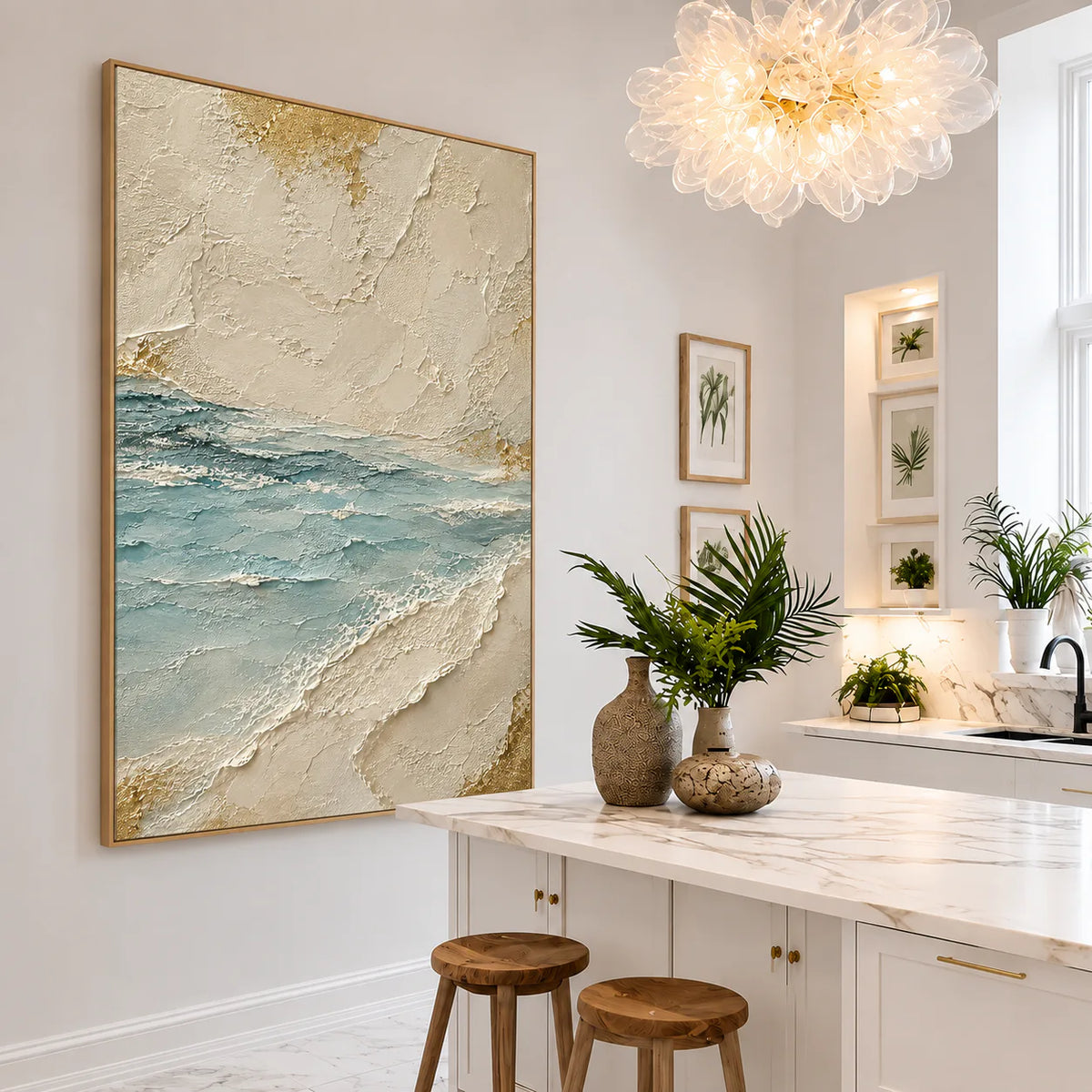 Aqua Tide and Golden Sand Textured Wall Art styled interior scene 1 | Olyrel