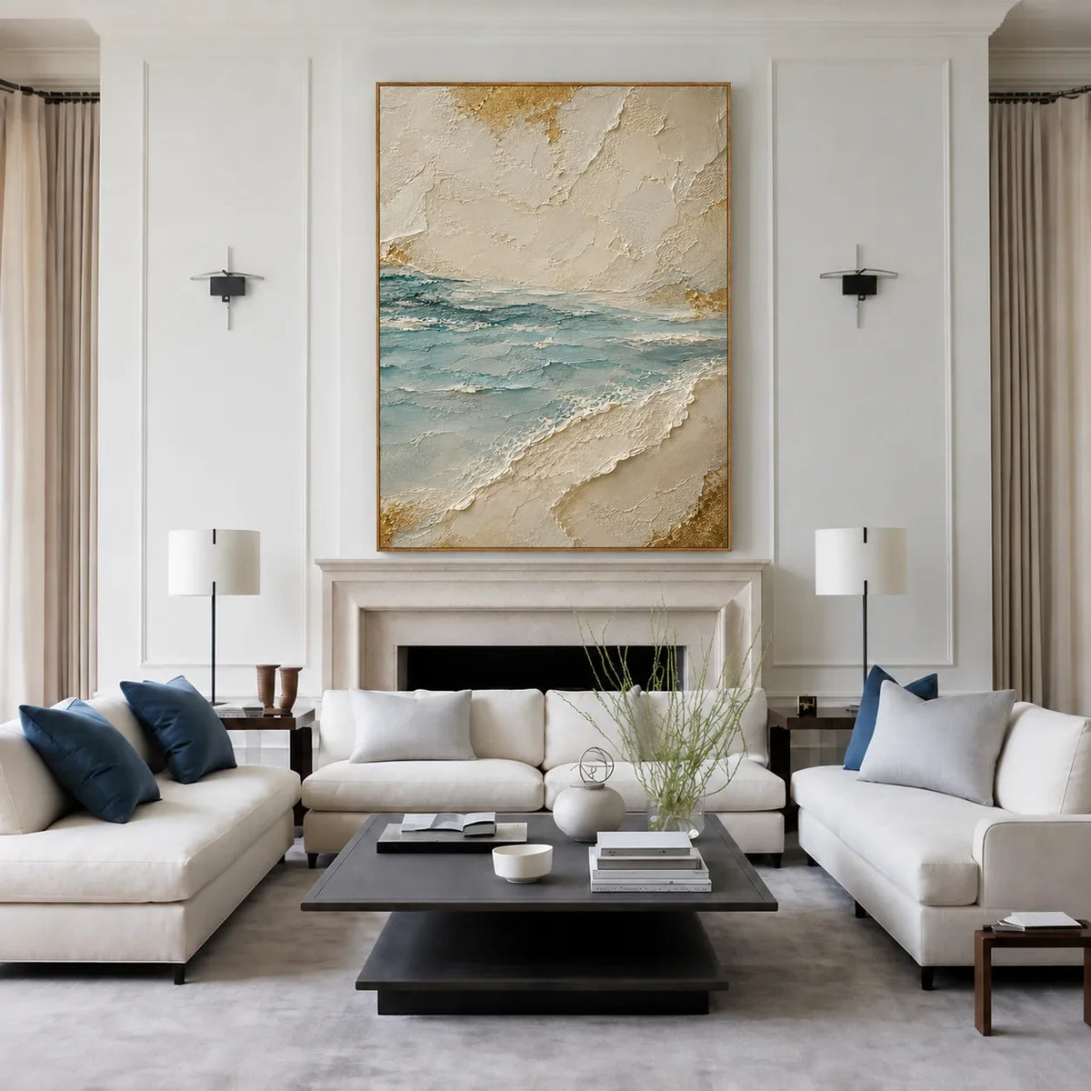 Aqua Tide and Golden Sand Textured Wall Art styled interior scene 4 | Olyrel