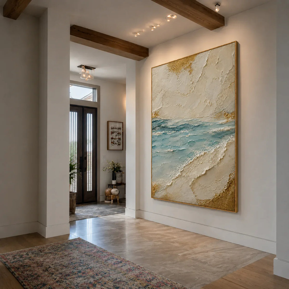 Aqua Tide and Golden Sand Textured Wall Art styled interior scene 5 | Olyrel