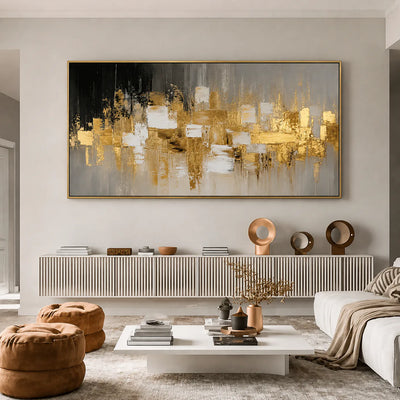 Gold Mosaic on Charcoal Panoramic Abstract Wall Art styled interior scene 1 | Olyrel