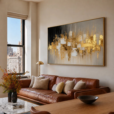 Gold Mosaic on Charcoal Panoramic Abstract Wall Art styled interior scene 4 | Olyrel