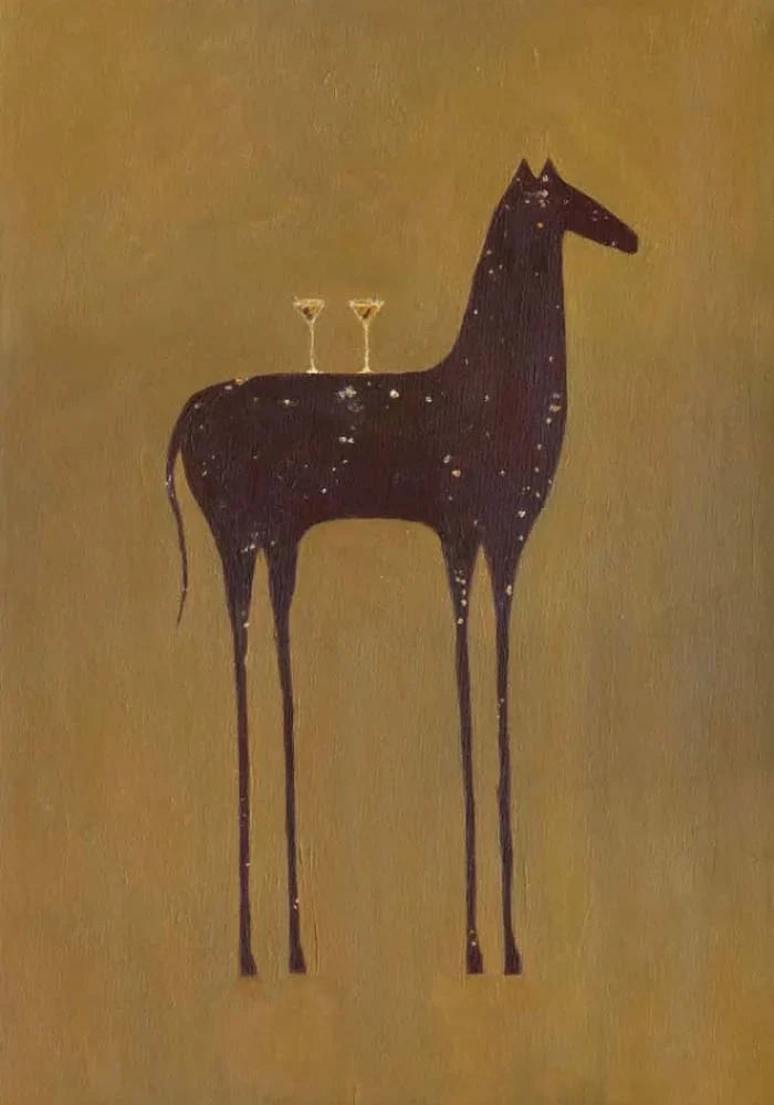Long-Legged Horse with Two Glasses on Ochre Wall Art artwork view | Olyrel