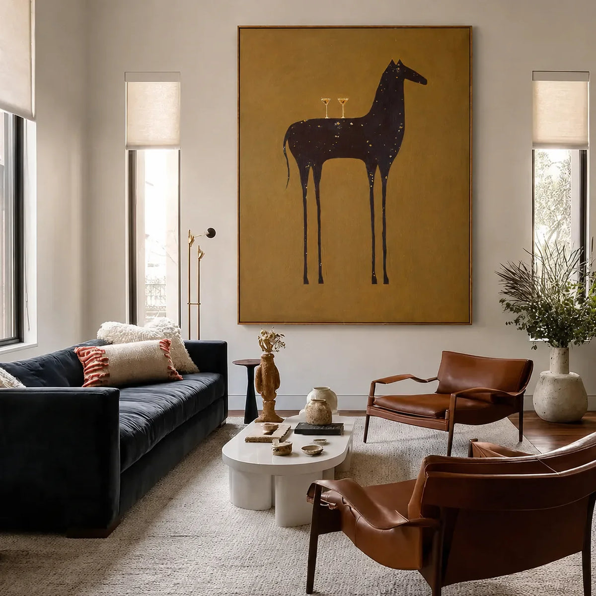 Long-Legged Horse with Two Glasses on Ochre Wall Art styled interior scene 1 | Olyrel