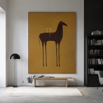 Long-Legged Horse with Two Glasses on Ochre Wall Art styled interior scene 2 | Olyrel