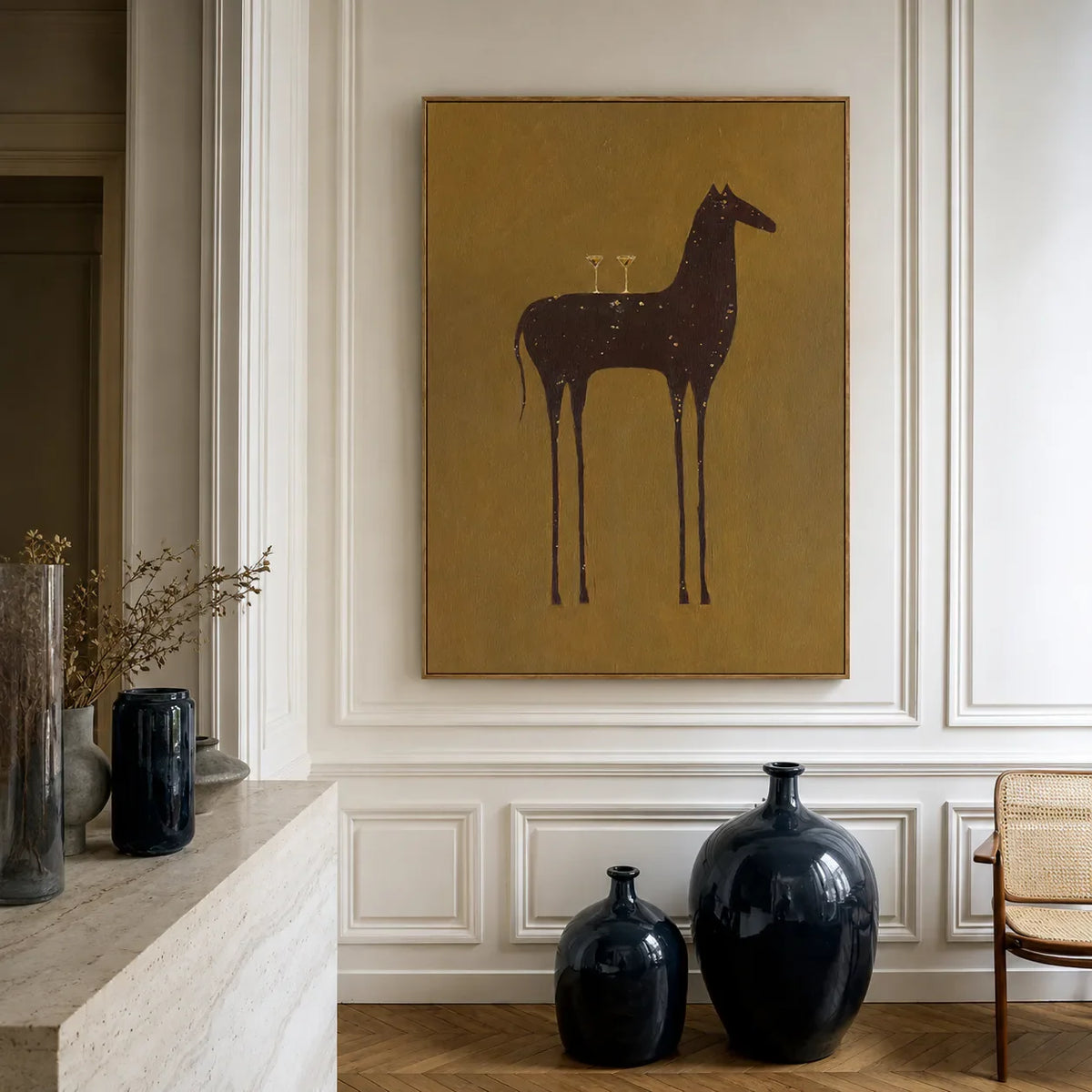 Long-Legged Horse with Two Glasses on Ochre Wall Art styled interior scene 3 | Olyrel