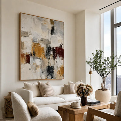 Ochre and Burgundy Blocks on Ivory Abstract Wall Art styled interior scene 2 | Olyrel