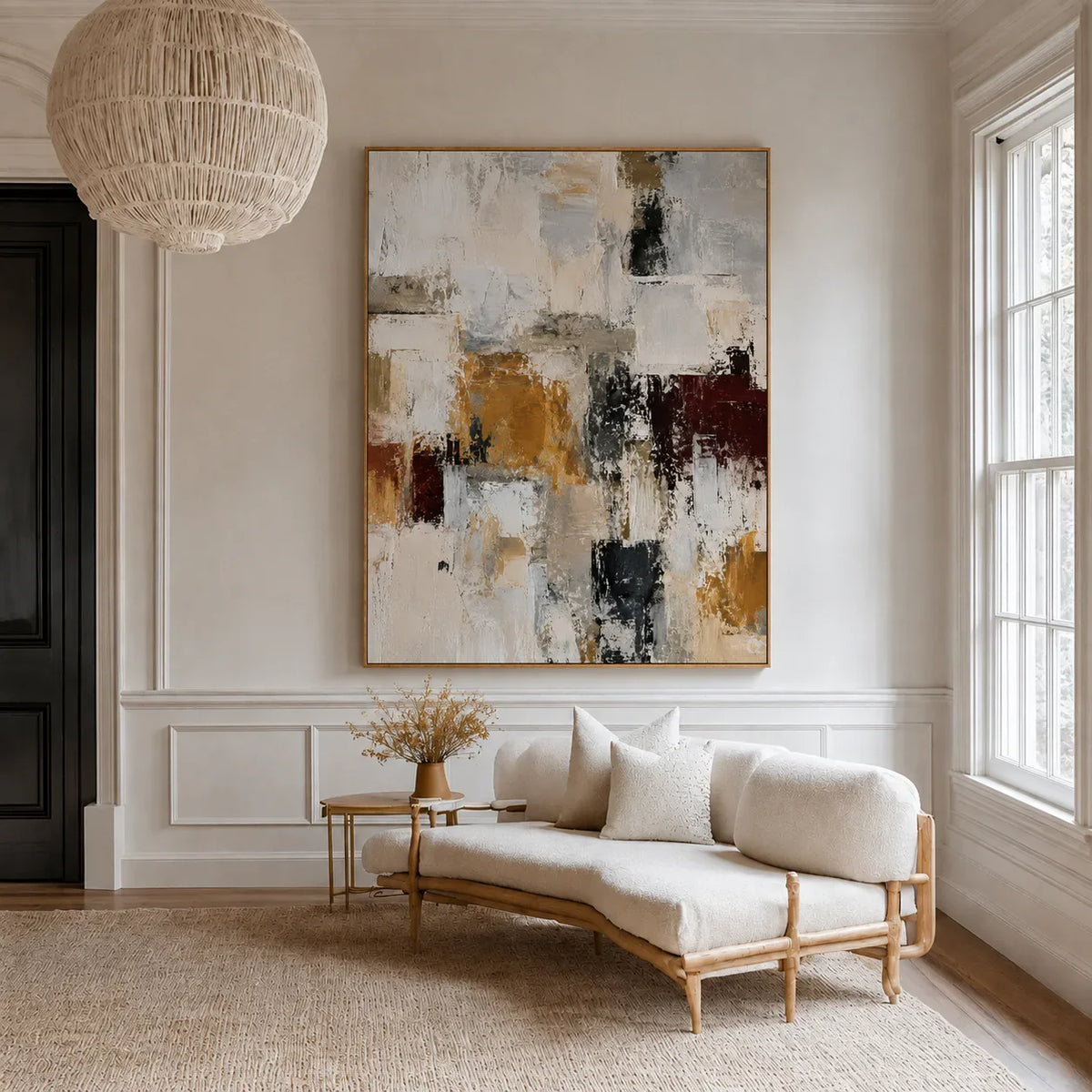 Ochre and Burgundy Blocks on Ivory Abstract Wall Art styled interior scene 3 | Olyrel