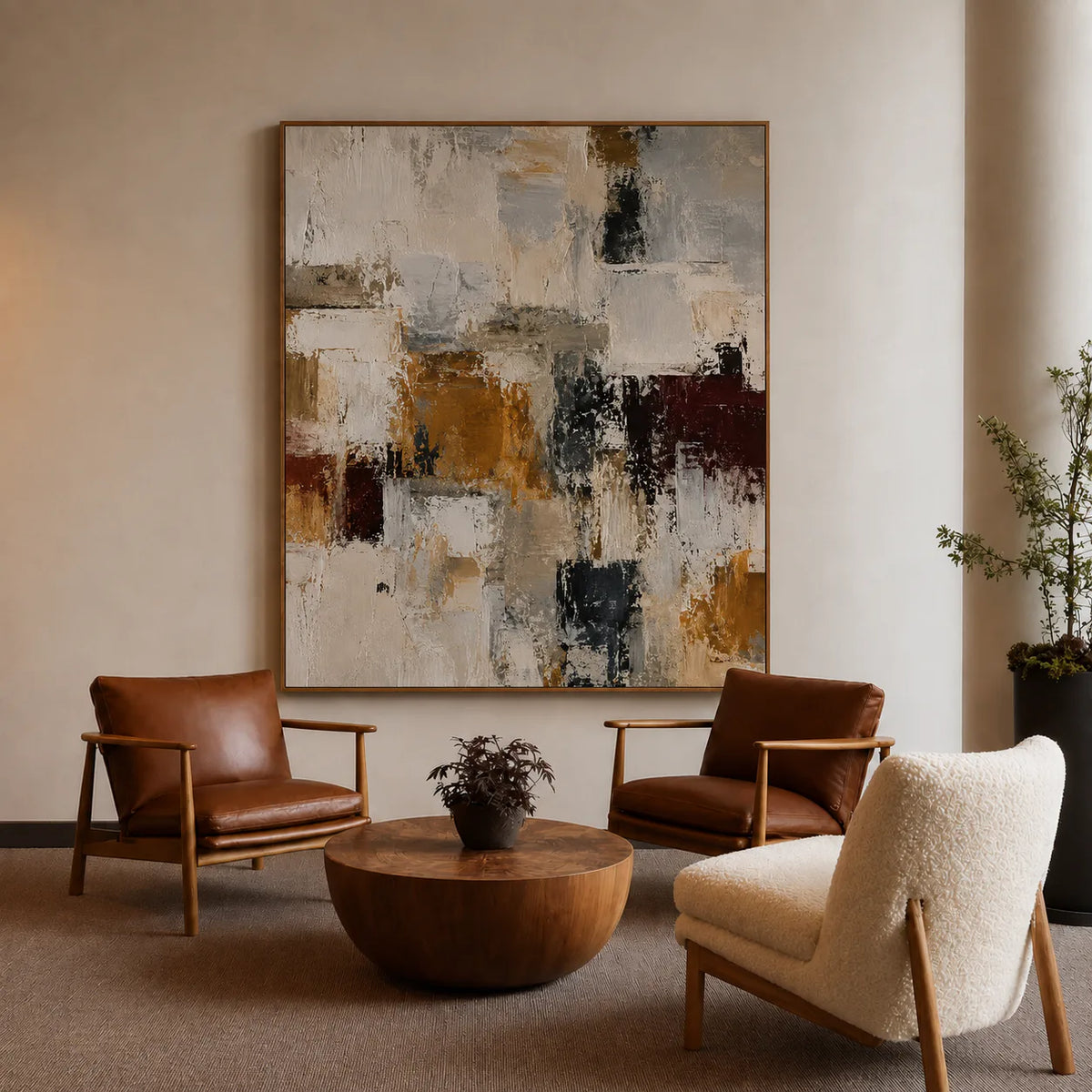 Ochre and Burgundy Blocks on Ivory Abstract Wall Art styled interior scene 4 | Olyrel
