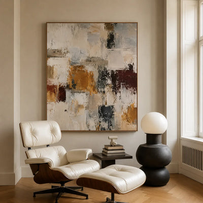 Ochre and Burgundy Blocks on Ivory Abstract Wall Art styled interior scene 5 | Olyrel