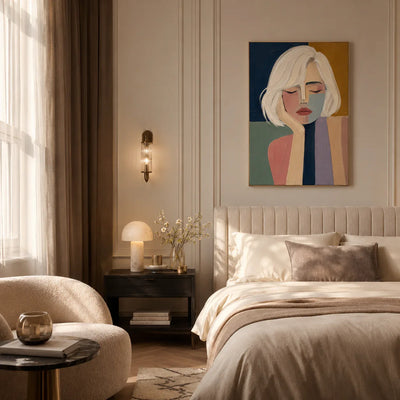 Blonde Reverie Portrait Wall Art styled in a bedroom | Olyrel