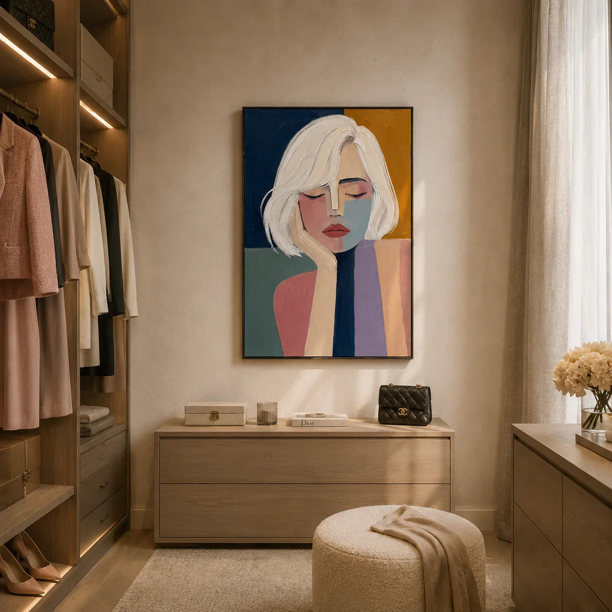 Blonde Reverie Portrait Wall Art styled in a dressing room | Olyrel