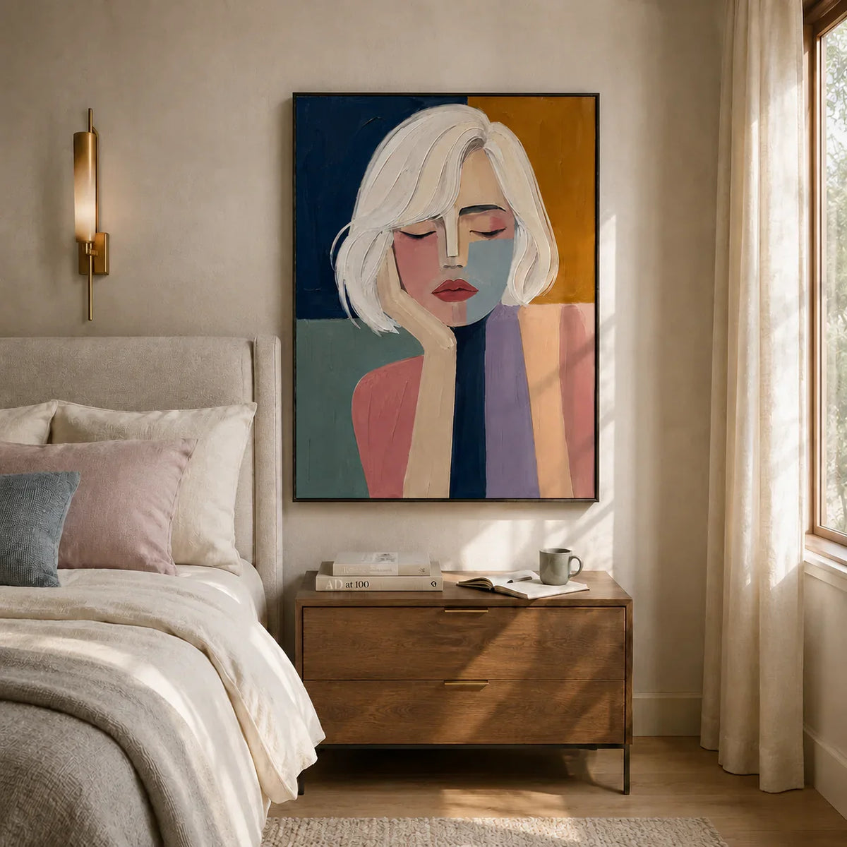 Blonde Reverie Portrait Wall Art styled in a bedroom | Olyrel
