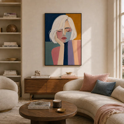 Blonde Reverie Portrait Wall Art styled in a living room | Olyrel
