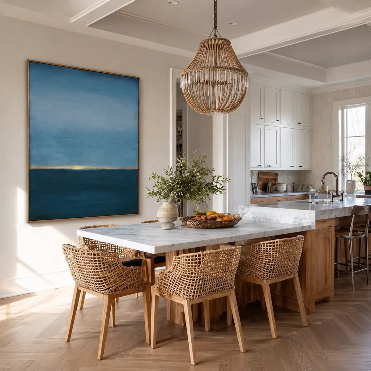 Blue Stillness with a Golden Horizon Wall Art styled interior scene 1 | Olyrel