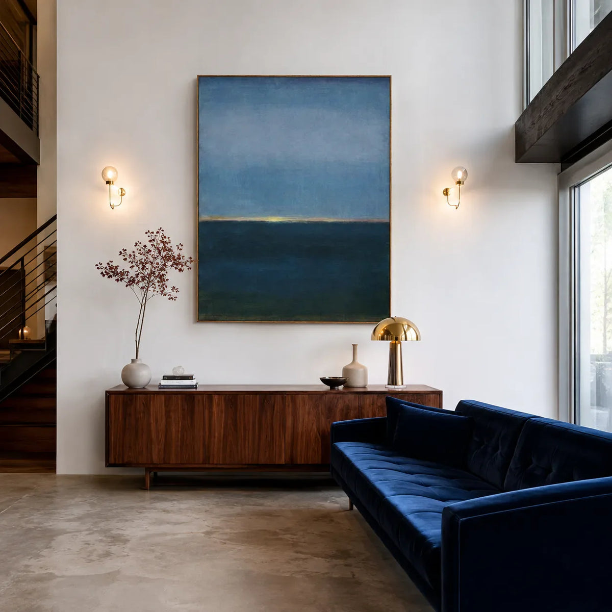 Blue Stillness with a Golden Horizon Wall Art styled interior scene 2 | Olyrel