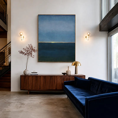 Blue Stillness with a Golden Horizon Wall Art styled interior scene 2 | Olyrel